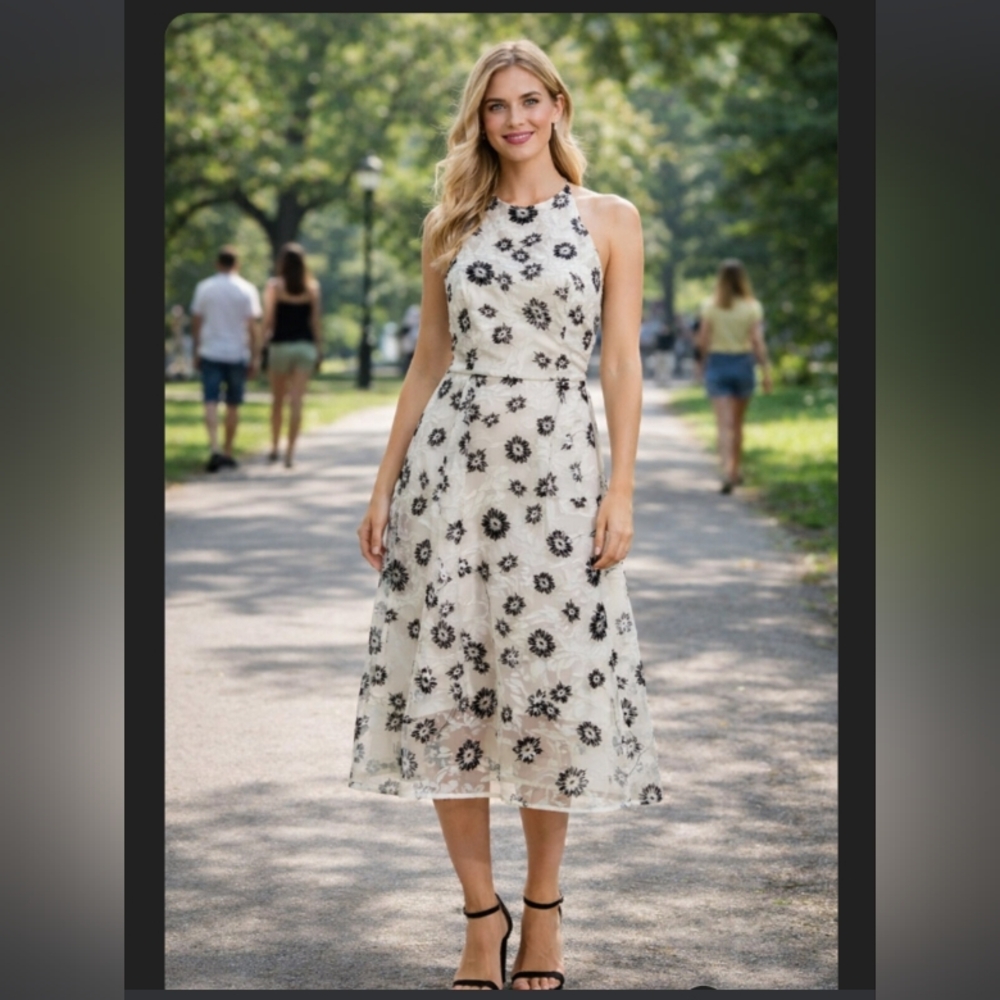Tahari Floral Halter Midi Dress White Black Embroidered NWT Size 6 Elegant